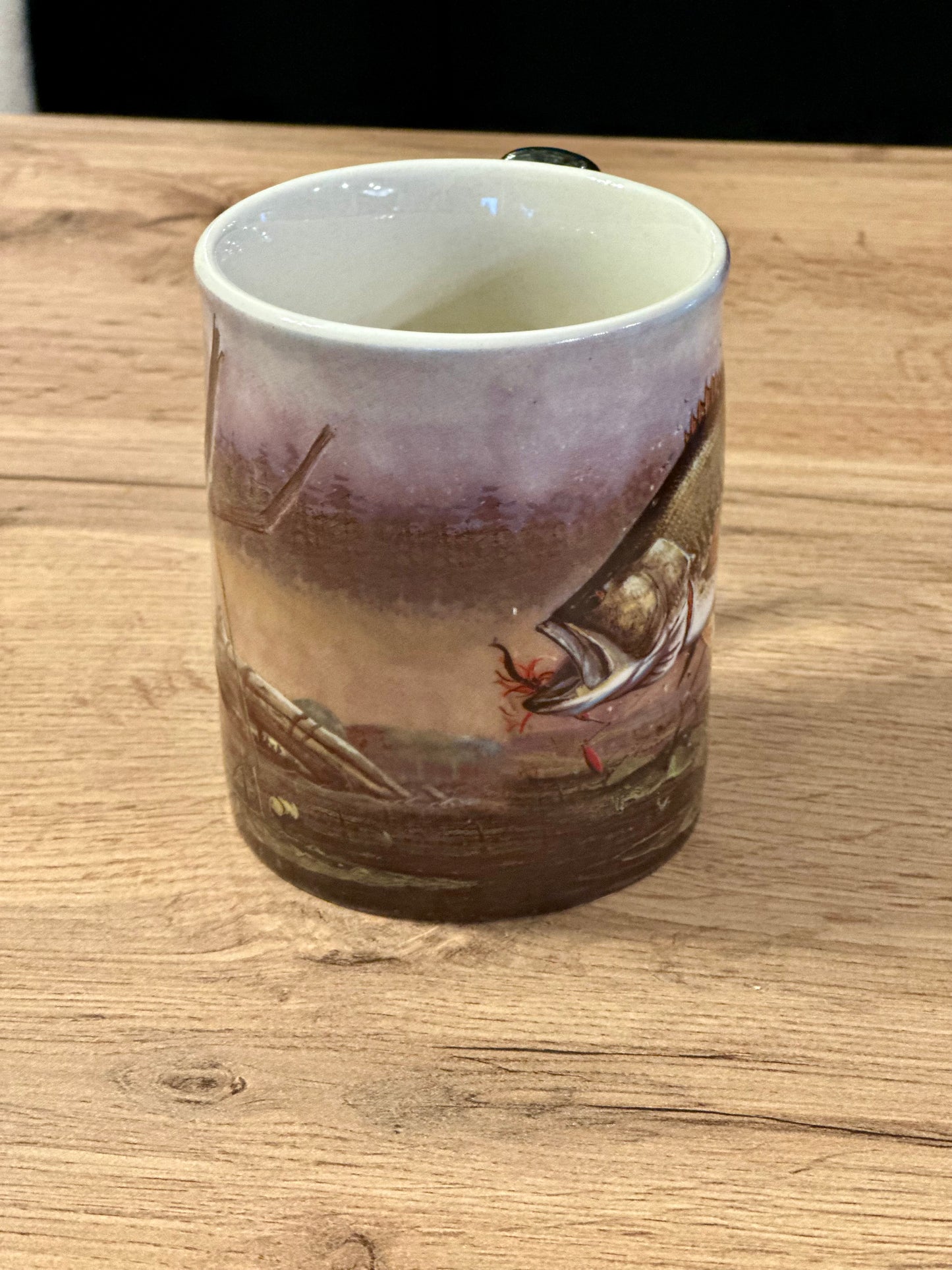 Vintage Rivers Edge Mug with Bass Fishing Scene with Silver Handle