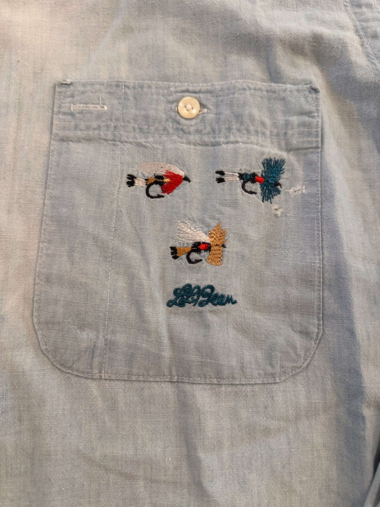 Vintage 80s LL Bean Chambray Shirt (XL) Embroidered Flies Logo
