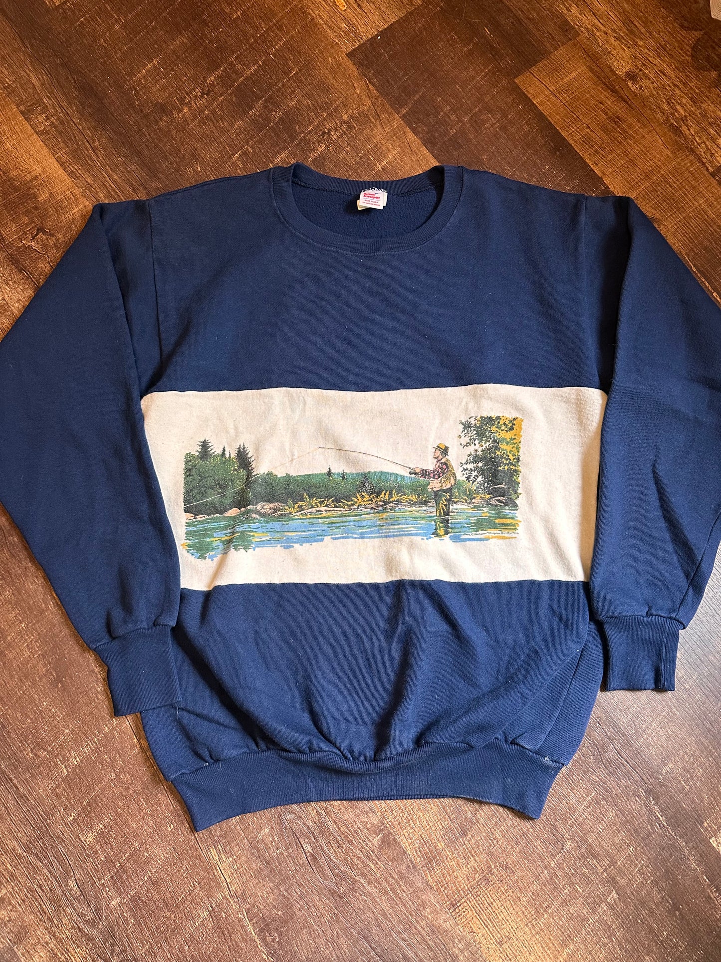 Vintage 80s Crewneck (XL) Fly Fisherman River Scene - Navy Blue