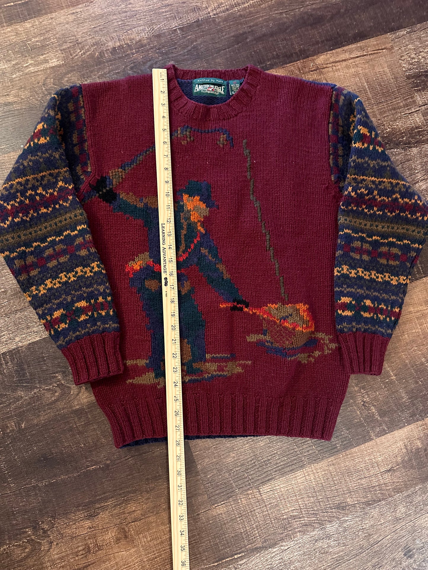 Vintage American Eagle Outfitters Wool Knit Sweater (M) Fly Fisherman - Maroon