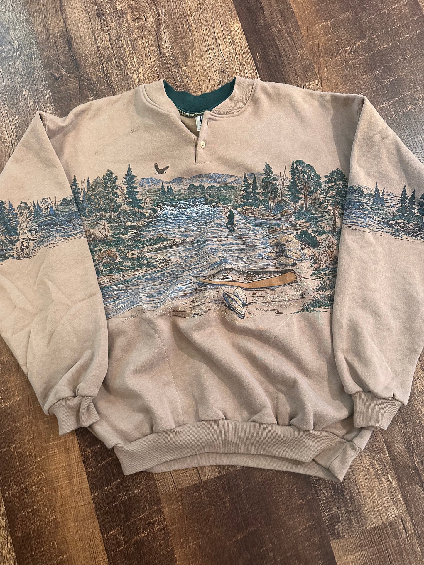 Vintage Art Unlimited Henley Crewneck (L) Fishing Scene