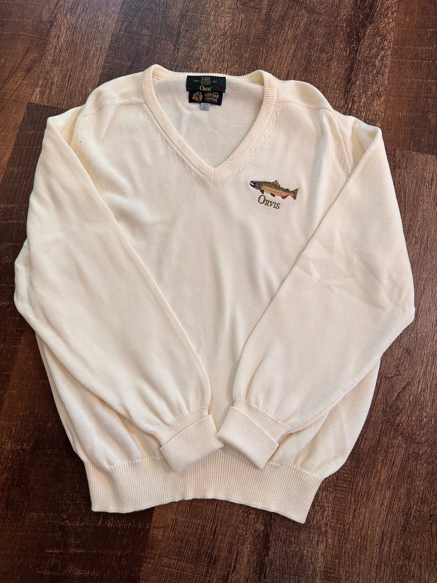Vintage Orvis V-neck Sweater (L) Embroidered Trout - Cream White