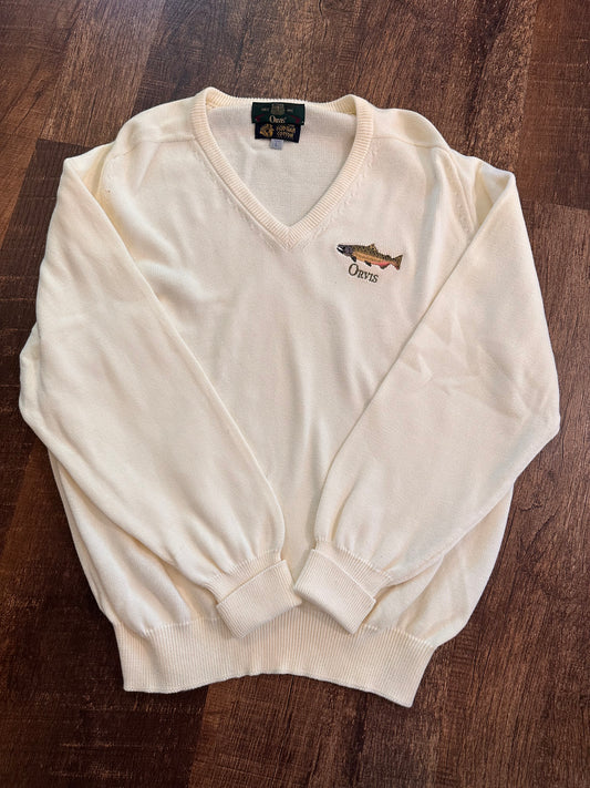 Vintage Orvis V-neck Sweater (L) Embroidered Trout - Cream White