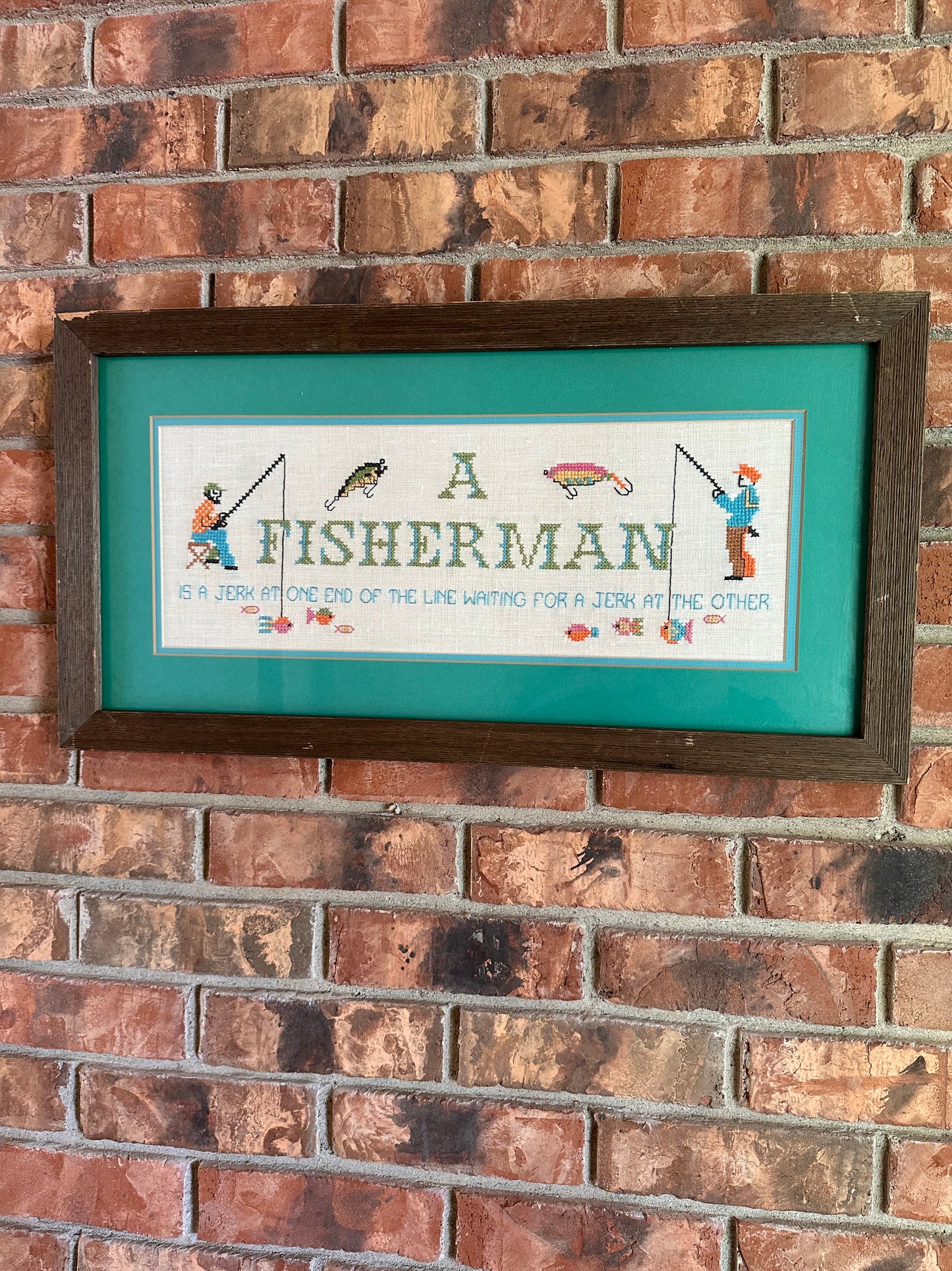 Vintage Framed Fisherman Cross Stitch Large 24”x13”
