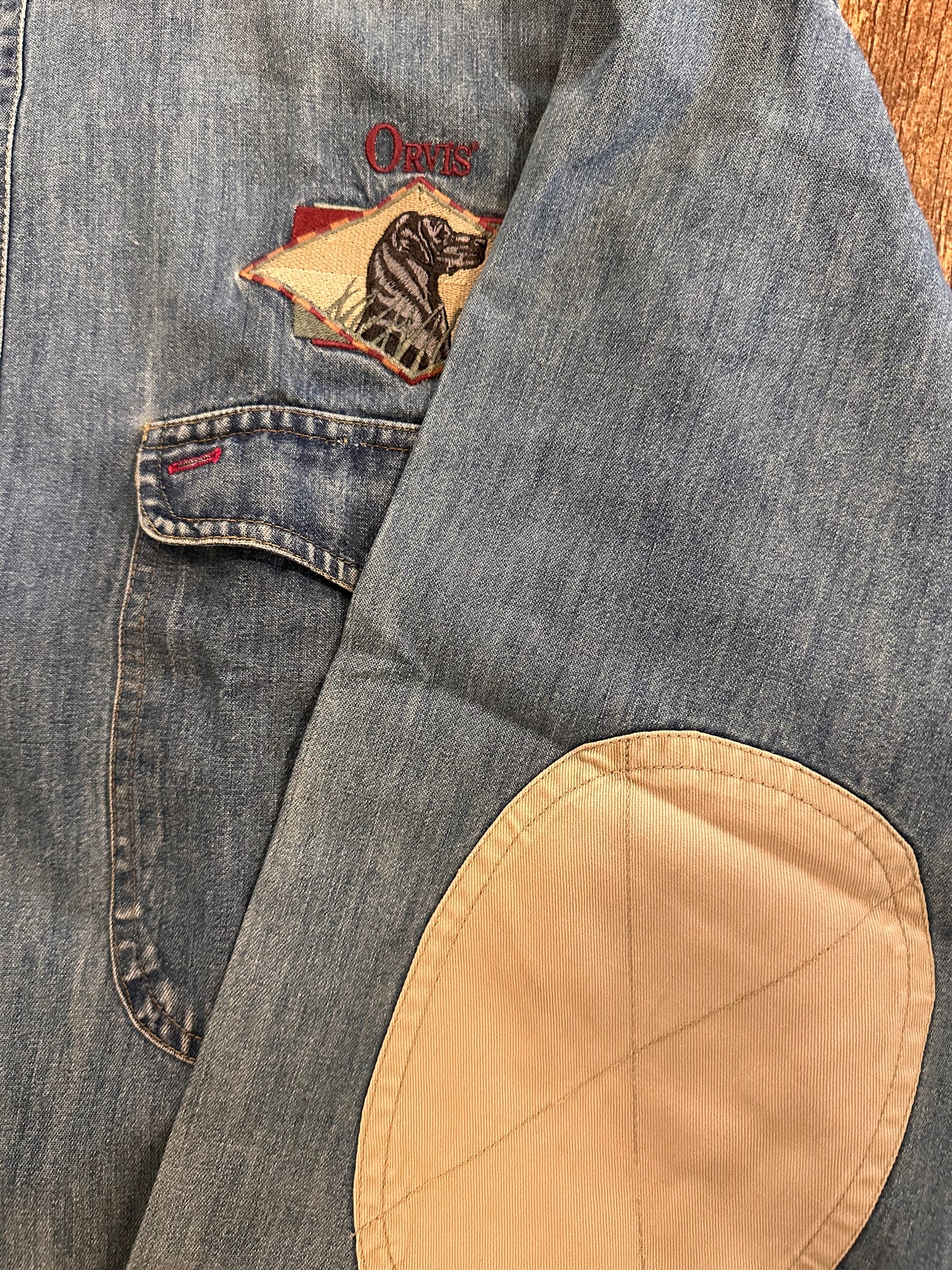 Vintage Orvis Denim Button Down (L) Embroidered Lab with Elbow Patches