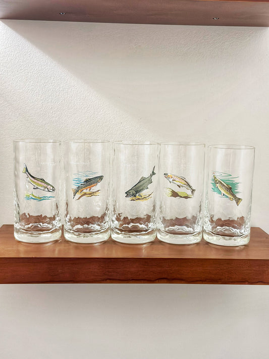 RARE 🥃 Vintage Ned Smith “Game Fish” Collins Glasses - Mid-Century Barware (Set of 5)
