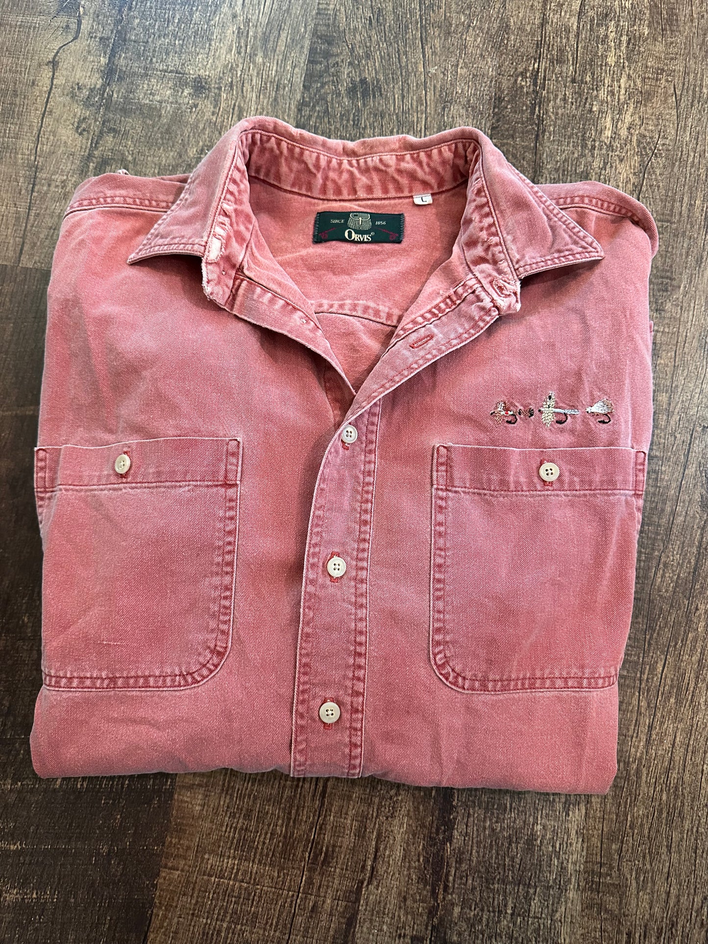 Vintage Orvis Button Down (L) Embroidered Flies - Salmon