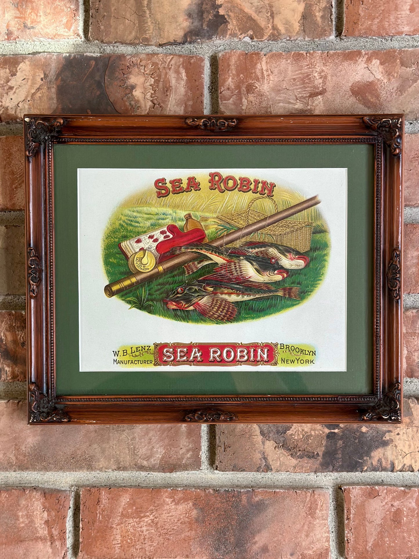 Vintage 1910-1920 Sea Robin Cigar Label Framed - Trout and Fly Rod
