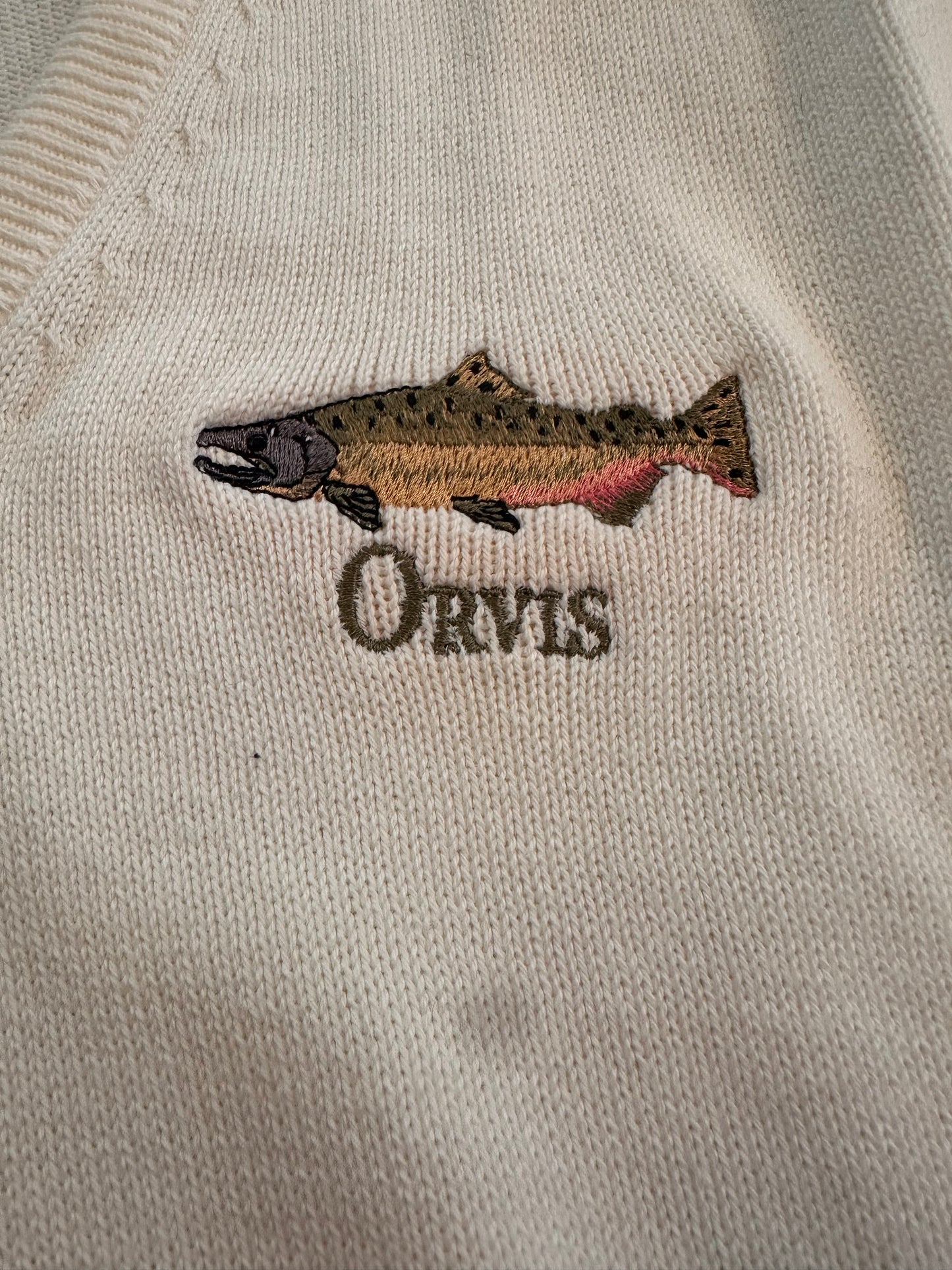 Vintage Orvis V-neck Sweater (L) Embroidered Trout - Cream White