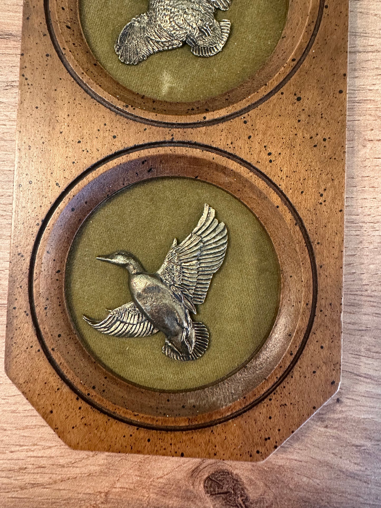 Vintage Wooden and Brass Wall Plaque Bird Hunting