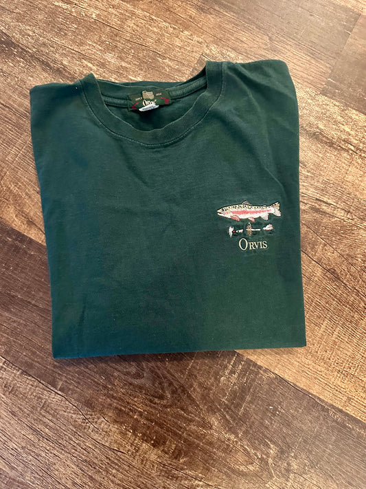 Vintage Orvis T (L) Embroidered Trout and Flies - Forest Green