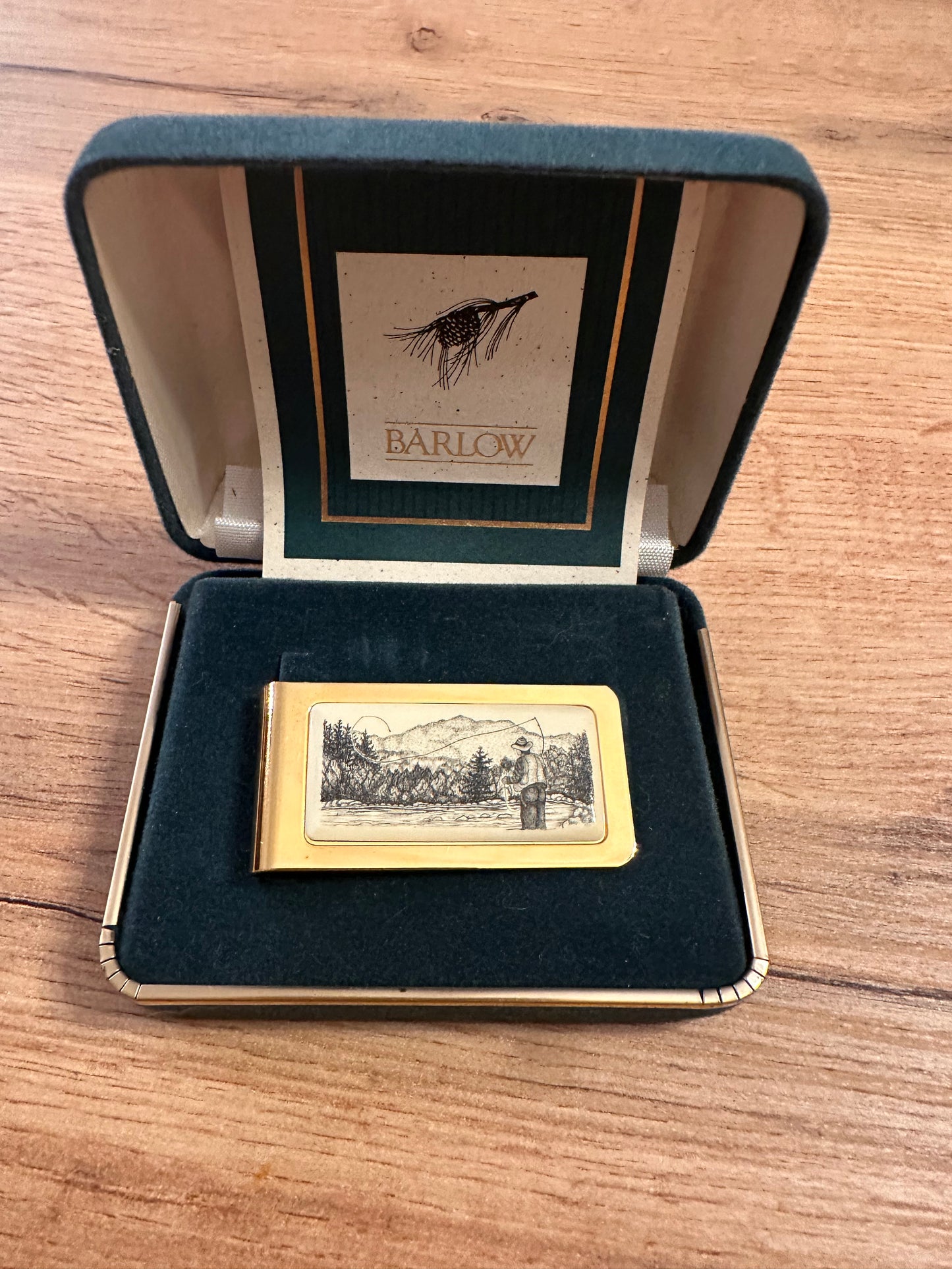 Vintage Barlow Money Clip - Fly Fishing Scene in Gold