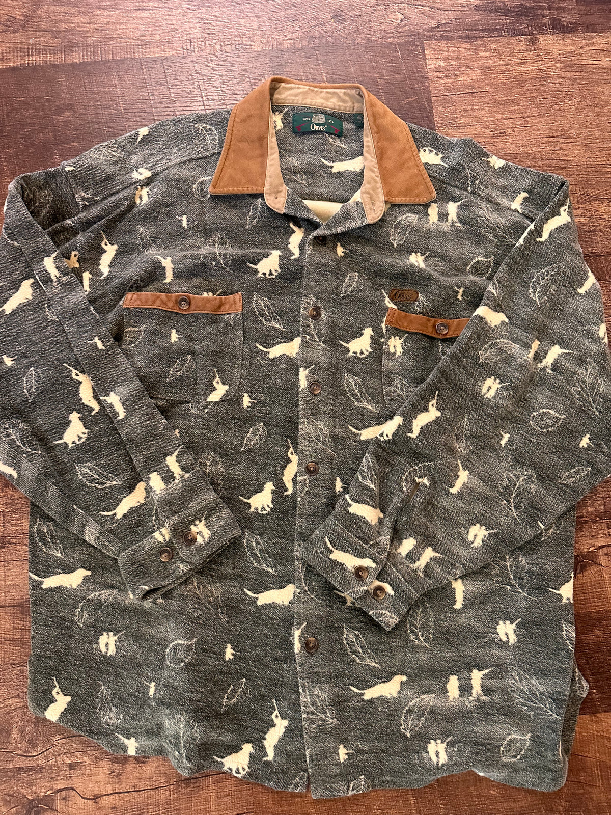 Vintage Orvis Chamois Fleece Button Down (XL) Bird Dog Scenes Autumn Leaves