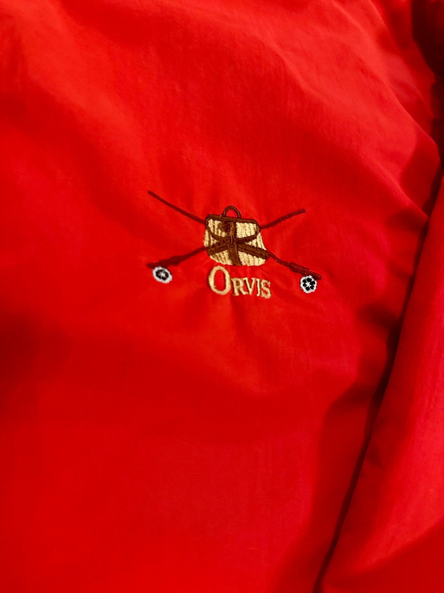 Vintage Orvis Crewneck Windbreaker (M) Embroidered Creel and Fly Rods - Red