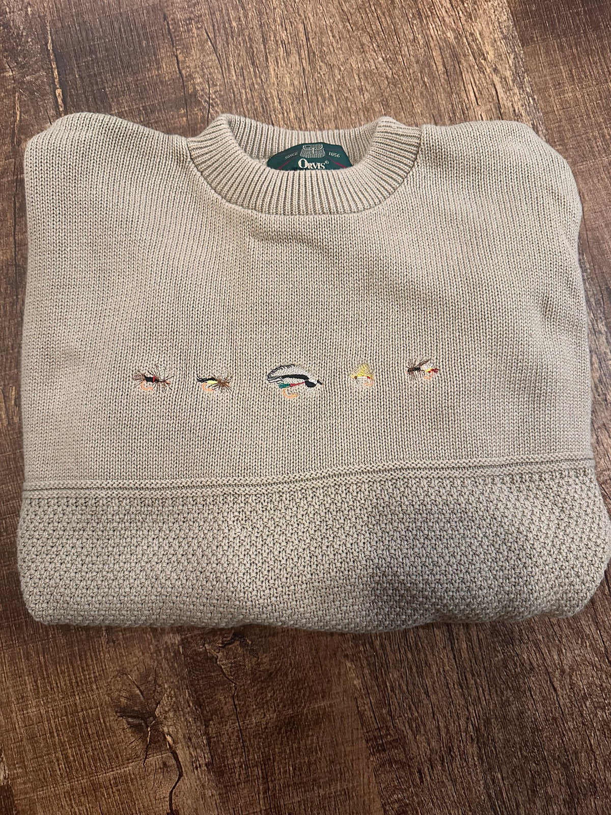 Vintage Orvis Sweater (XL) Embroidered Flies - Beige