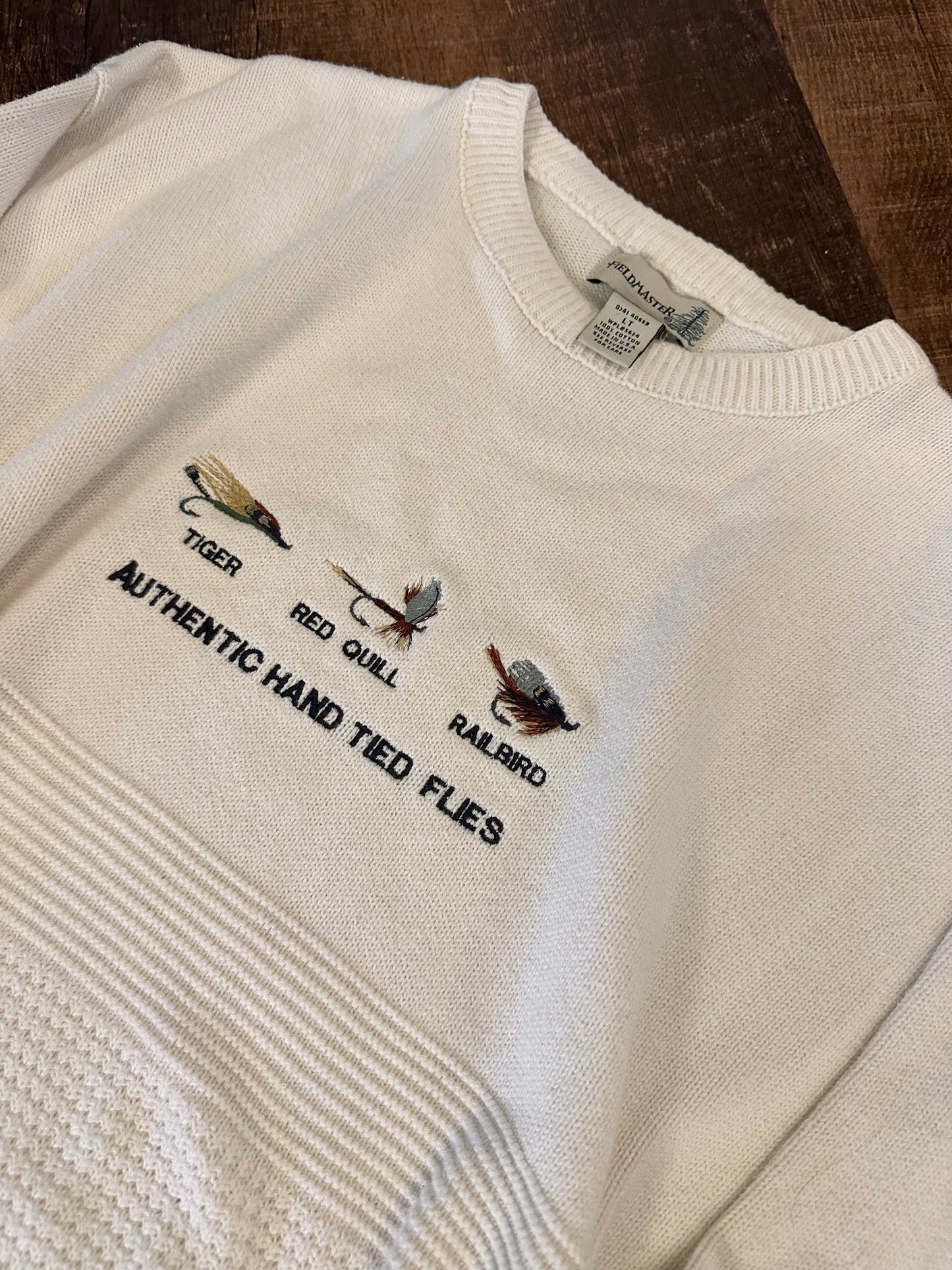 Vintage Fieldmaster Sweater (LT) Embroidered Authentic Hand Tied Flies Cream White