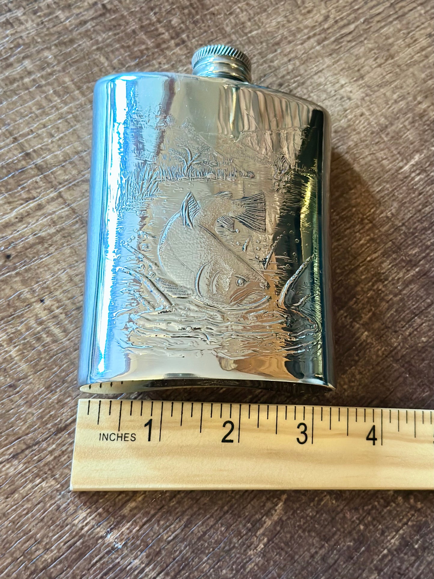 Vintage Alchemy Pewter Flask - Engraved Fly Fishing Scene