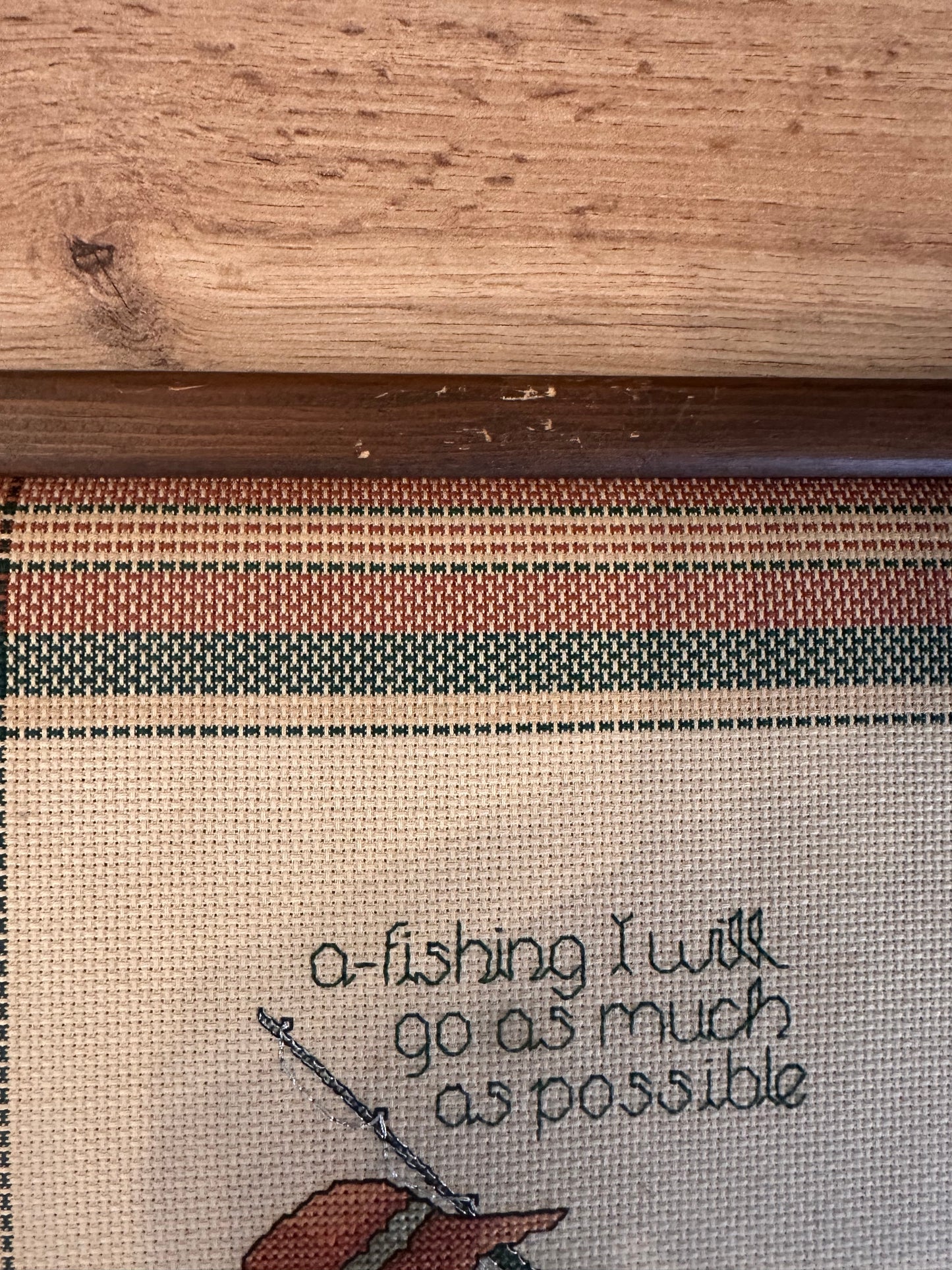 Vintage Cross Stitch Plaid Padded Cross Frame “A Fishing I Will Go”