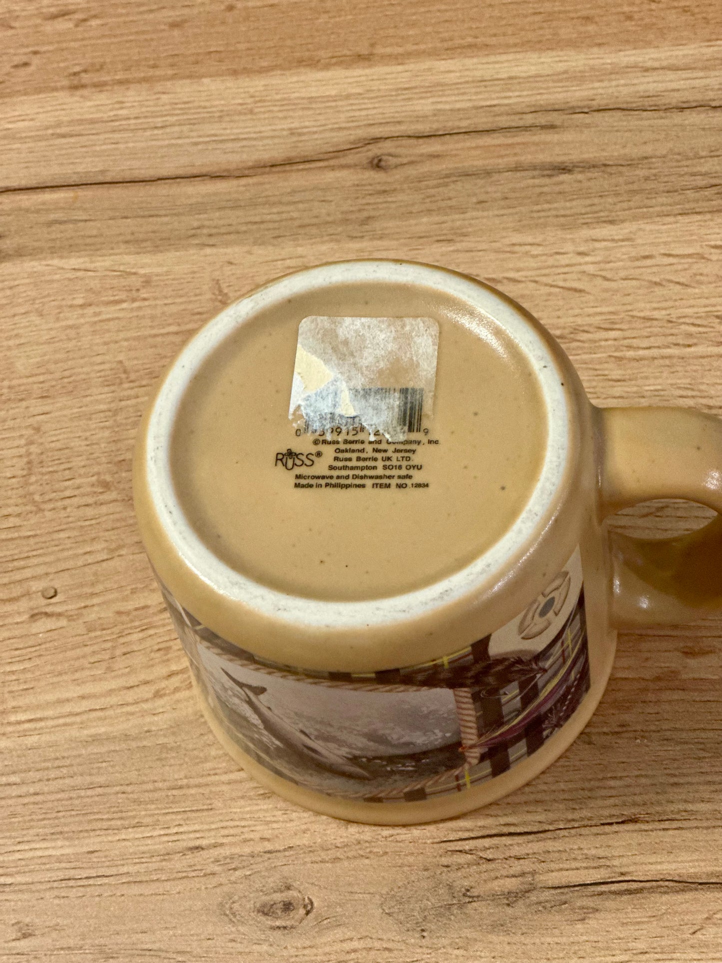 Vintage 1960s Tan Russ Berrie Mug with Trout and Fishing Gear