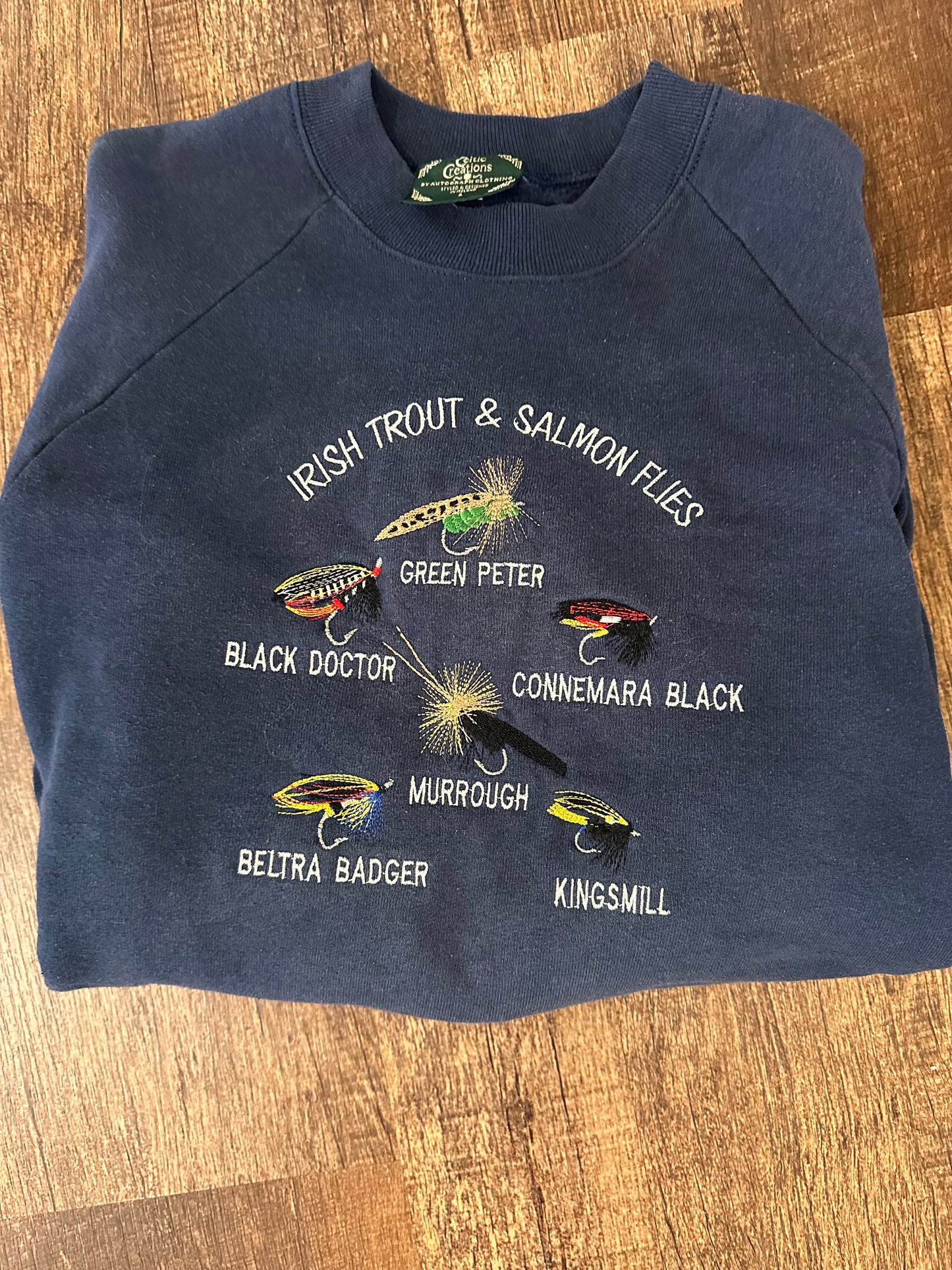 Vintage Celtic Creations Crewneck (L) Embroidered Trout and Salmon Flies - Navy