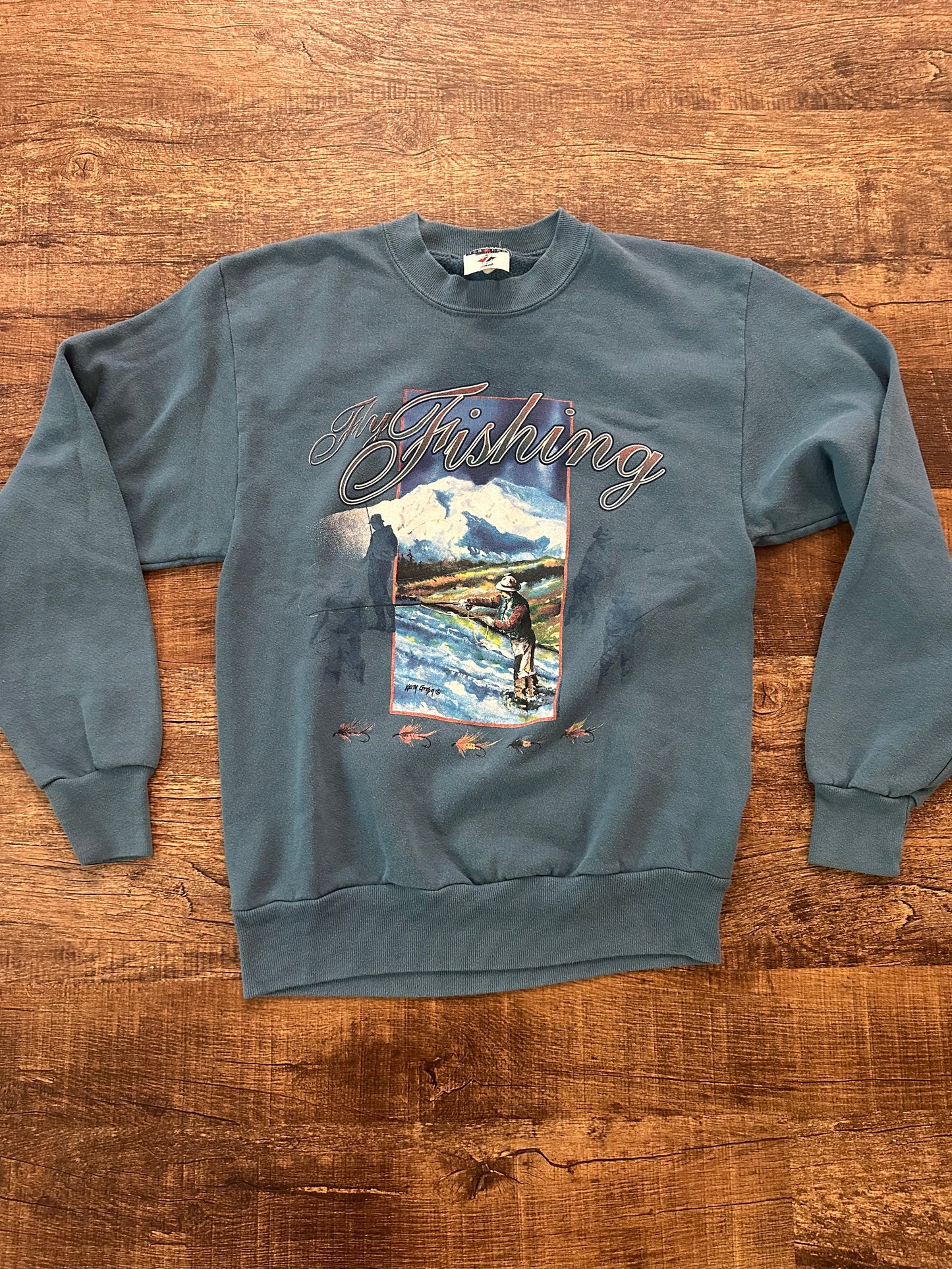 Vintage Jerzees Crewneck (S?) Fly Fishing Graphic - Blue