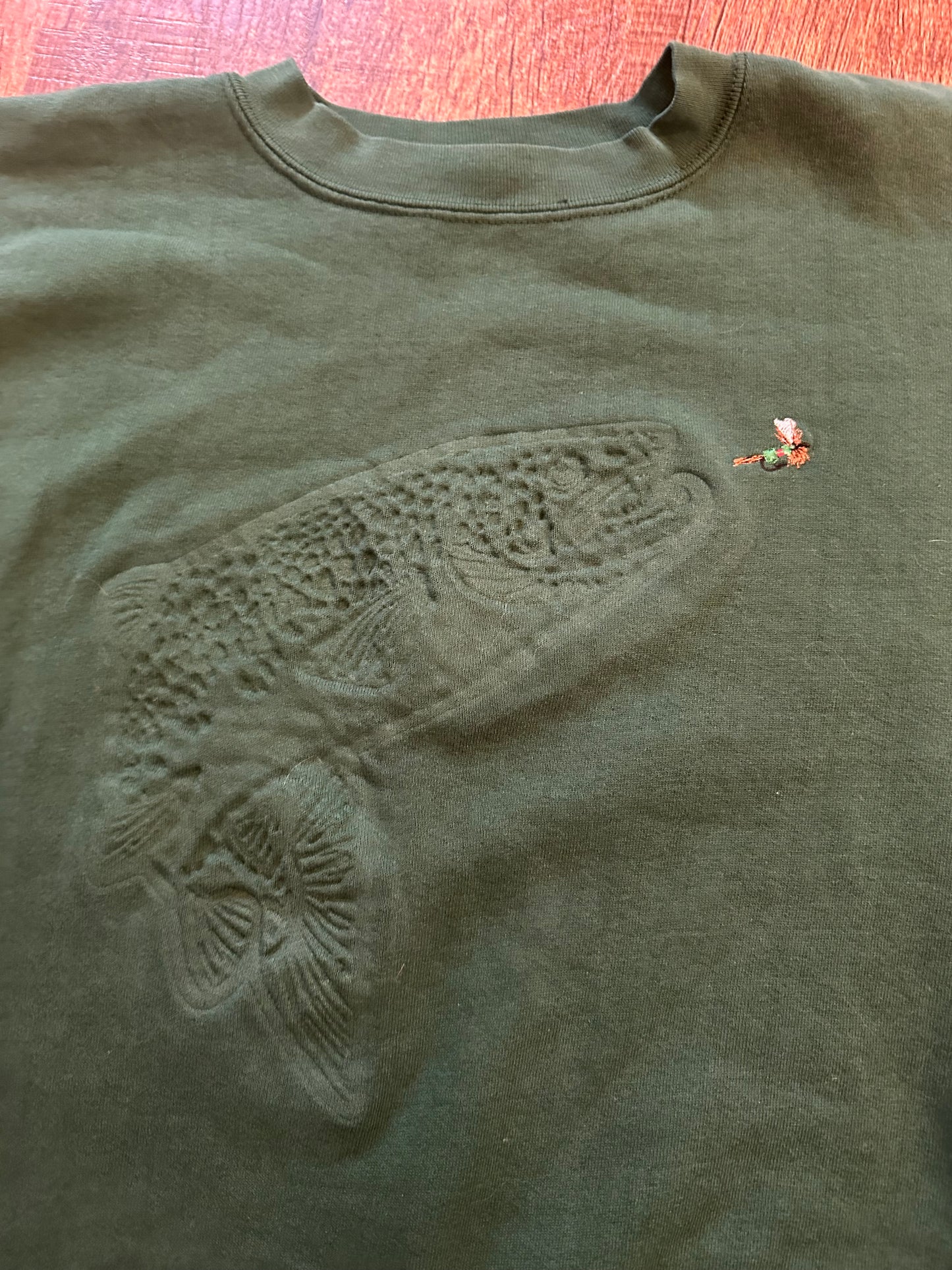 Vintage Oneita Crewneck (XL) Pressed Trout Embroidered Fly - Green