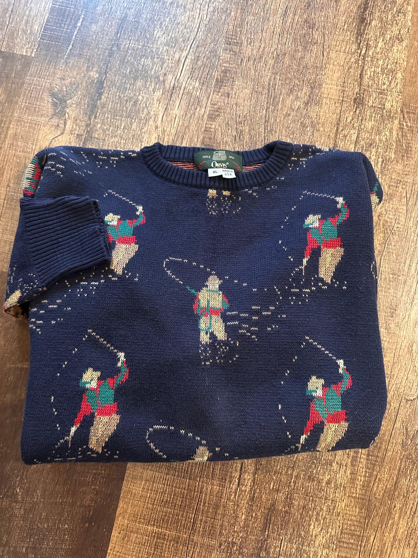 Vintage Orvis Crewneck (XL) Fly Fisherman Motif - Navy