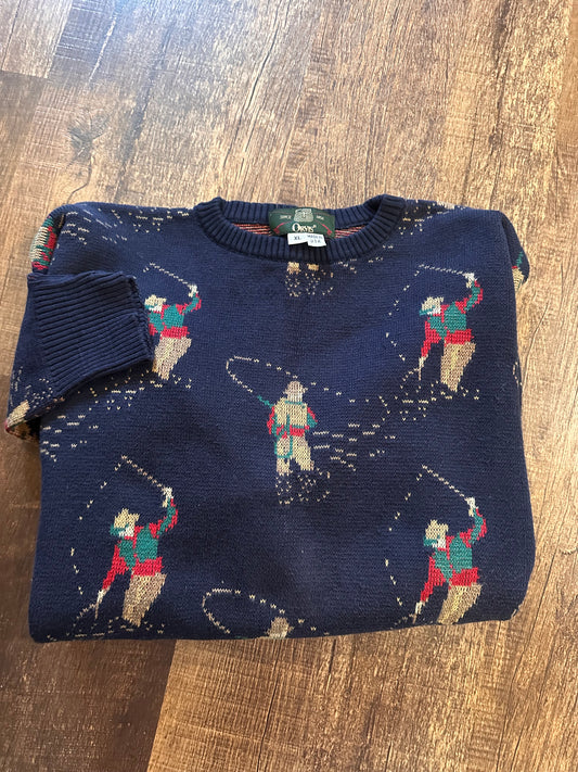 Vintage Orvis Crewneck (XL) Fly Fisherman Motif - Navy