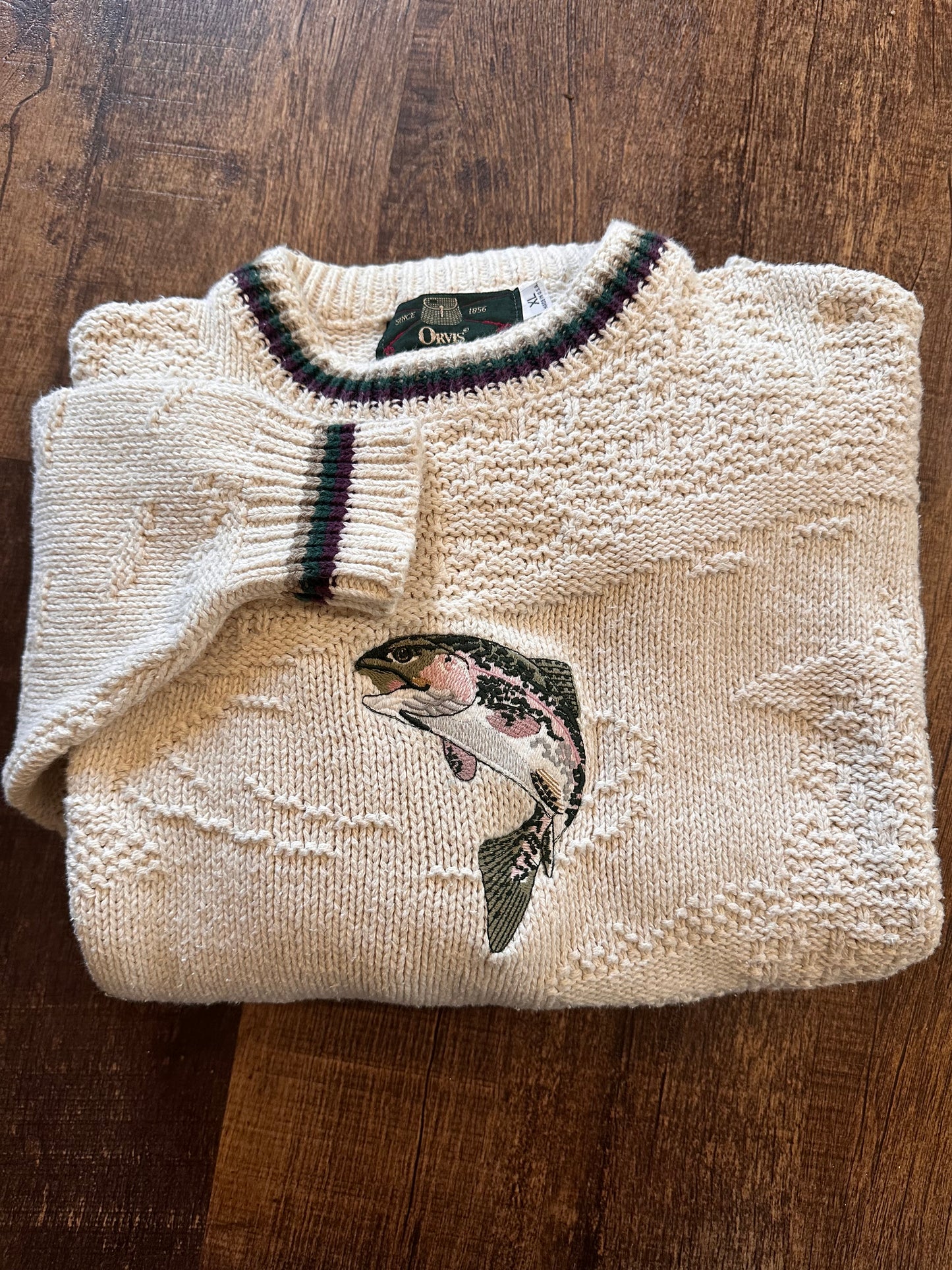 Vintage Orvis Crewneck (XL) Embroidered Rainbow Trout - White