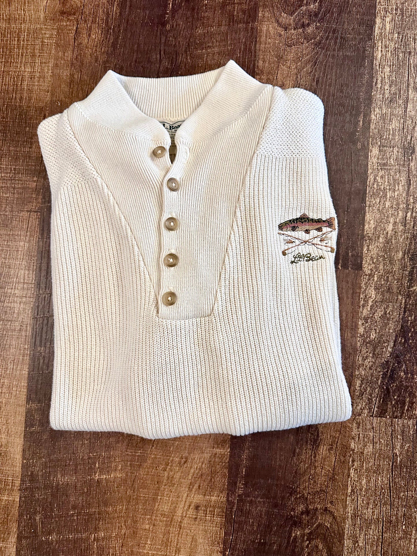 Vintage L.L. Bean Henley Sweater (L) Embroidered Trout & Fly Rods Cream White