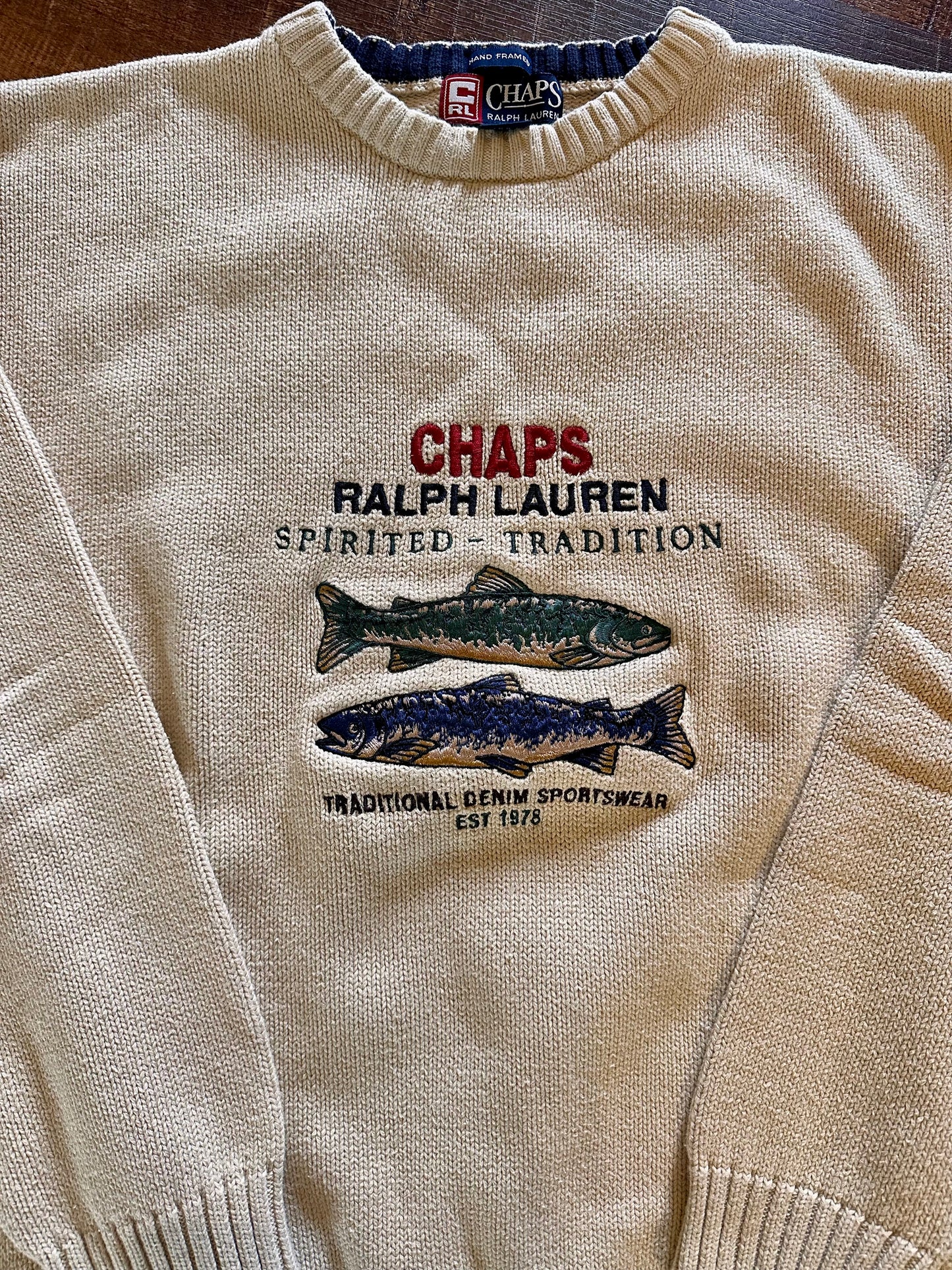 Vintage CHAPS RL Crewneck Sweater (L) Embroidered Spirited Tradition Trout - Cream