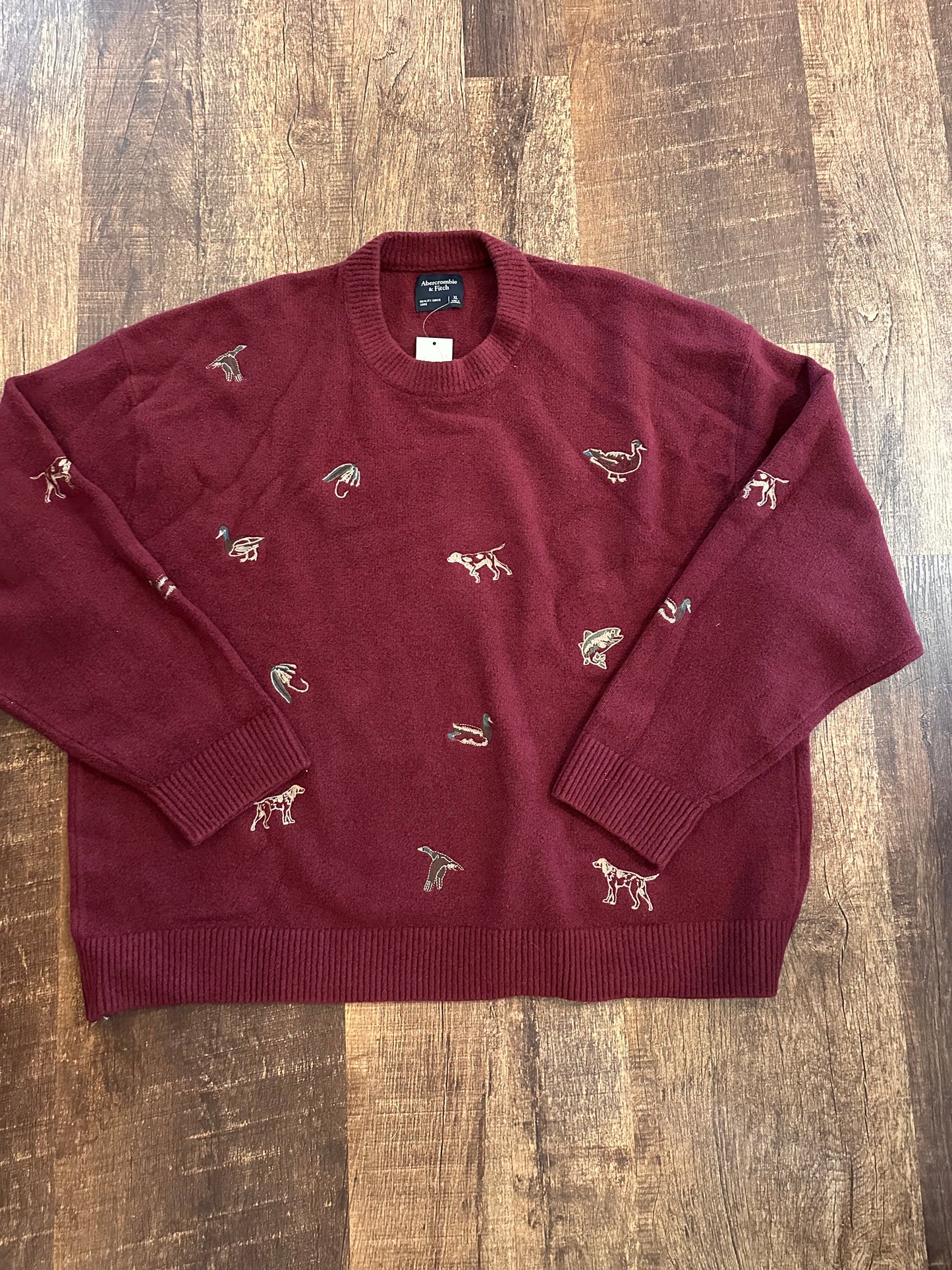 Thrifted Abercrombie & Fitch Sweater (XL) Embroidered Flies, Ducks, Dogs, Trout - NWT Maroon