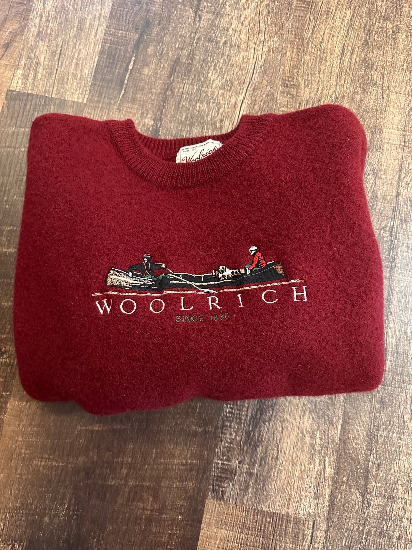 Vintage Woolrich Sweater (XL) Embroidered Fishermen Boat Scene - Maroon (Pure Wool)
