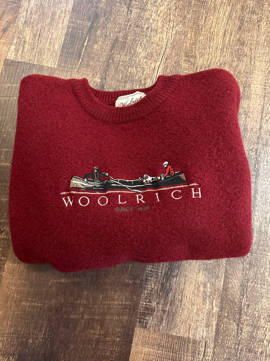 Vintage Woolrich Sweater (XL) Embroidered Fishermen Boat Scene - Maroon (Pure Wool)