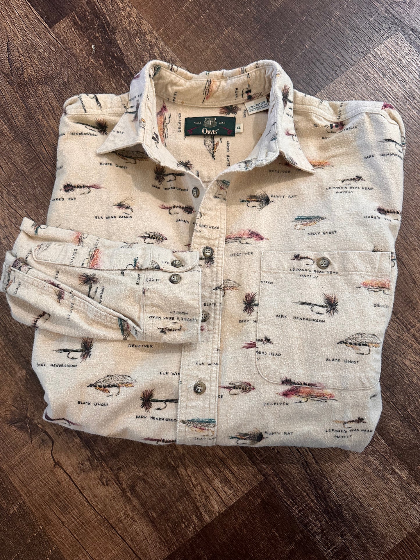 Vintage Orvis Flannel (XL) Fly Patterns - Beige