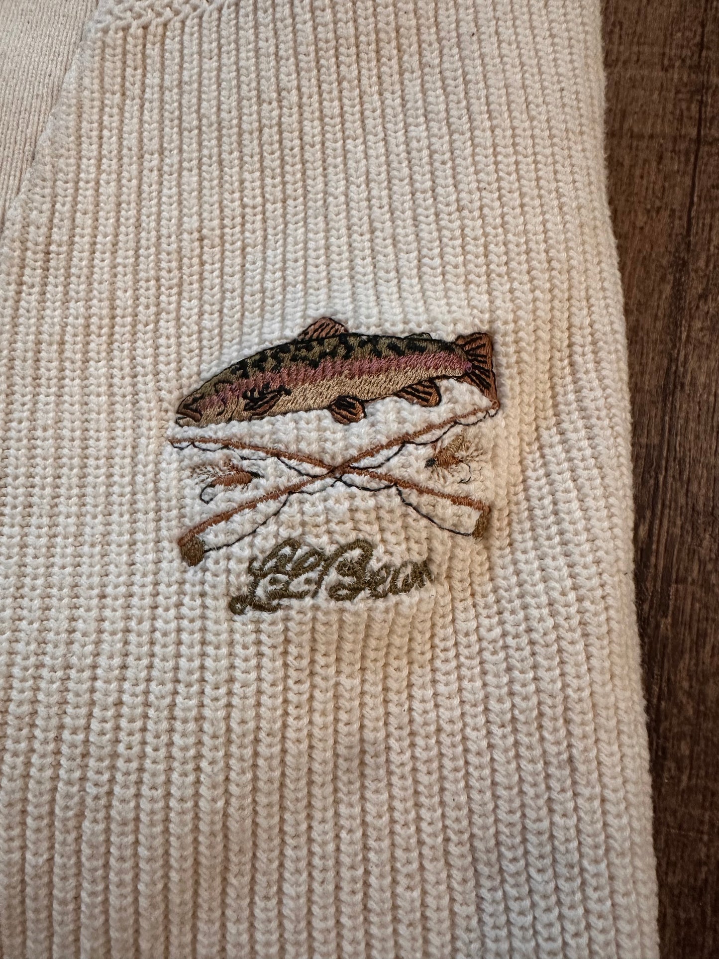 Vintage L.L. Bean Henley Sweater (L) Embroidered Trout Rod Logo - Cream white