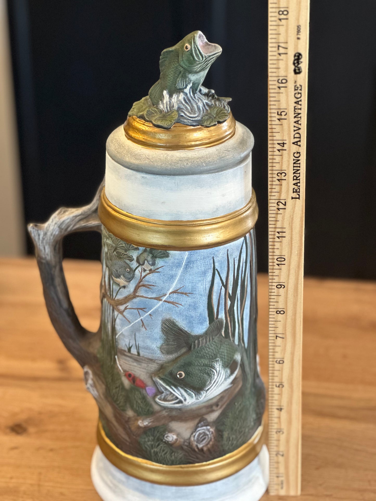 Vintage Large 3D Stein - Bass Fishing Scene with Removable Lid