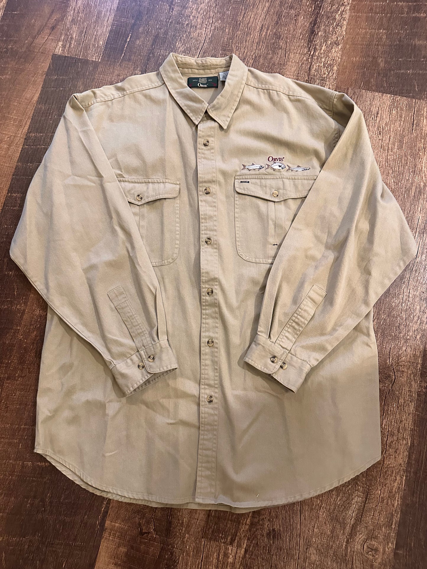 Vintage Orvis Button Down (XXL) Embroidered Fish Logo - Khaki