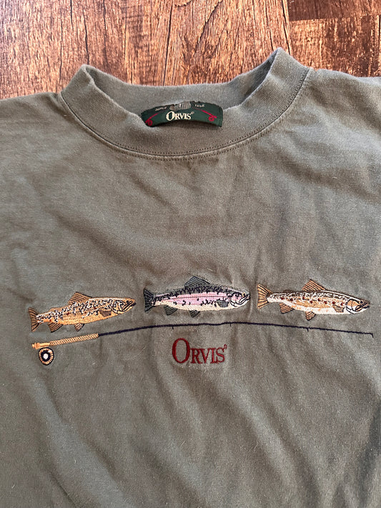 Vintage Orvis CROPPED Longsleeve (L) Embroidered Trouts