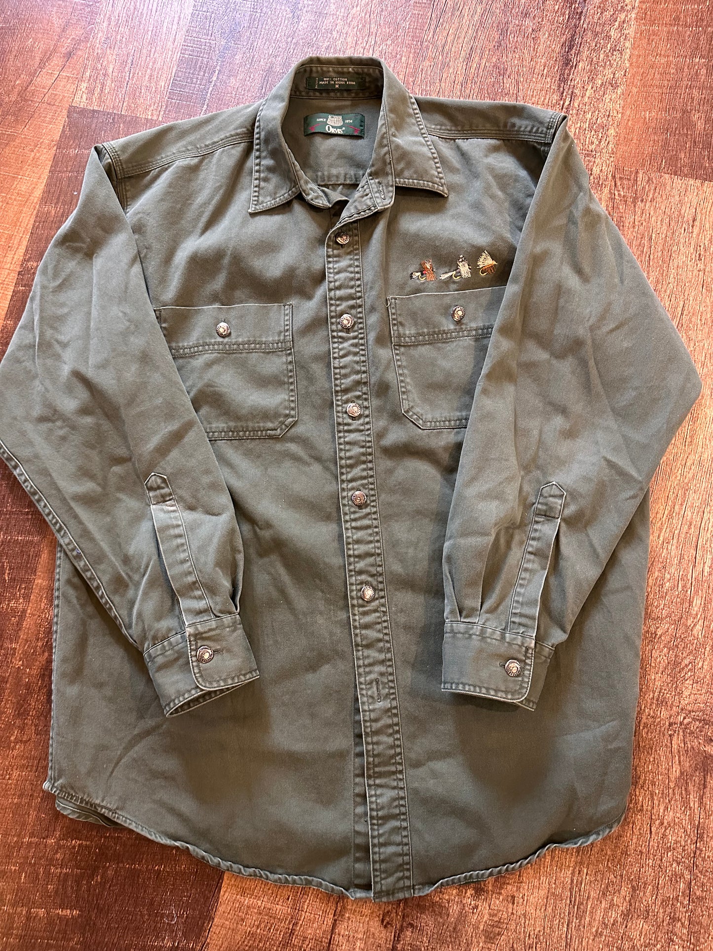 Vintage Orvis Button Down (M) Embroidered Flies and Metal Logo Buttons