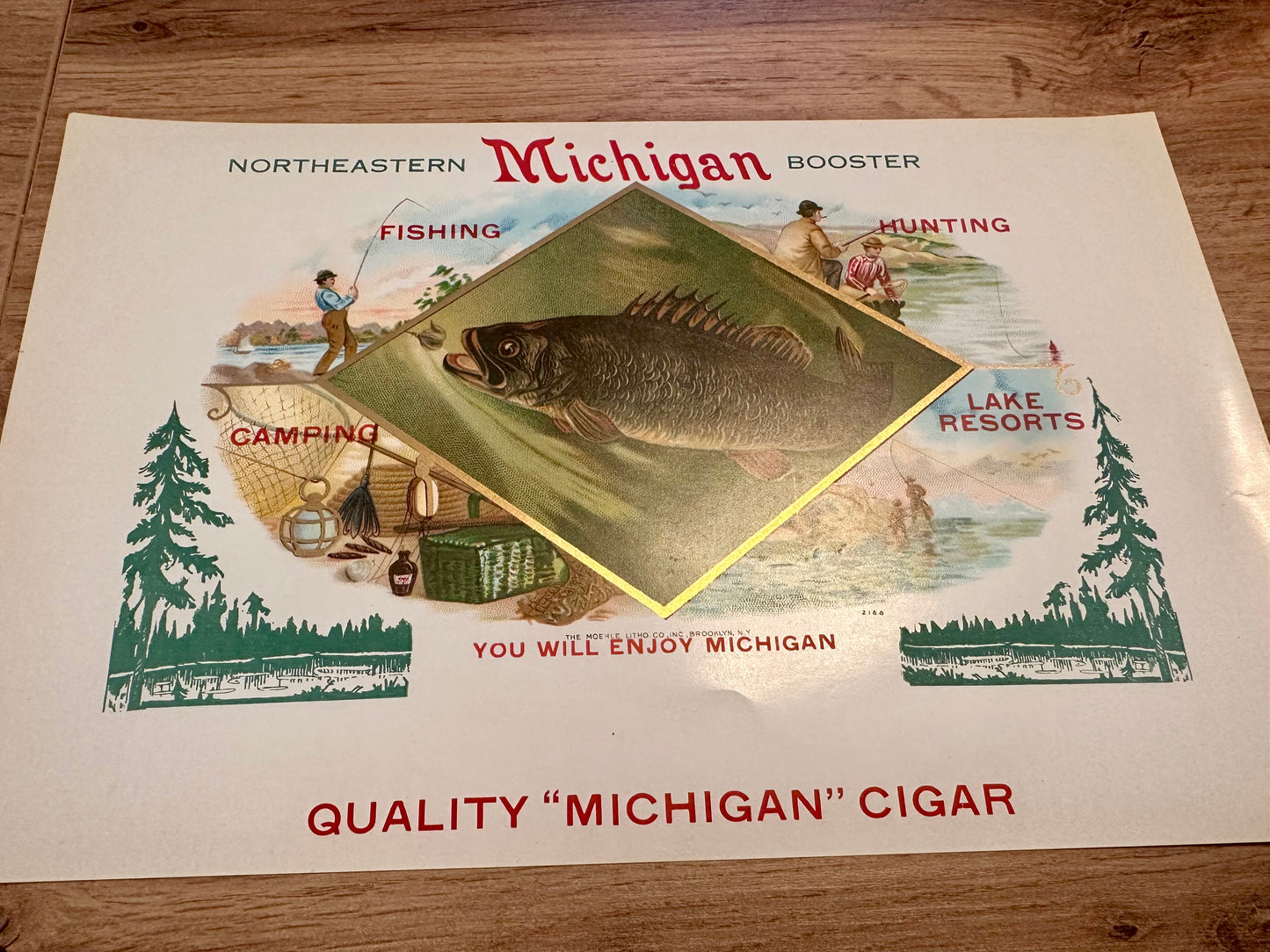 Vintage Cigar Box Label - Late 1800s/Early 1900s Featuring Michigan Outdoors