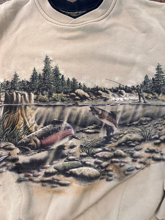 Vintage Art Unlimited Crewneck (L) Trout Fishing Scene