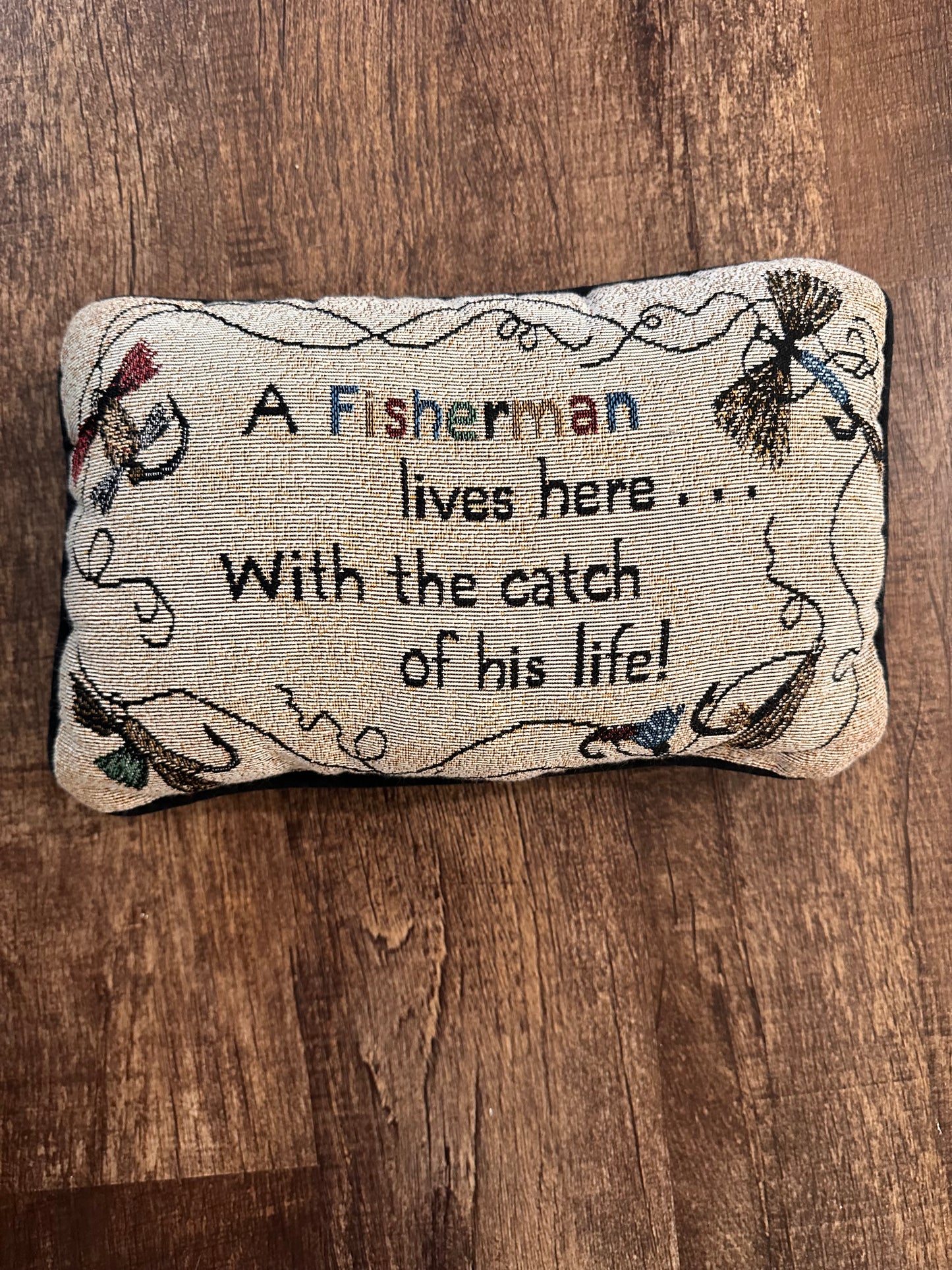 Vintage Tapestry Pillow - Fisherman Catch of his Life