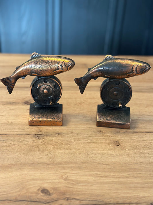 Vintage Trout Unlimited Bookends - Brass and Metal Fly Reel and Trout