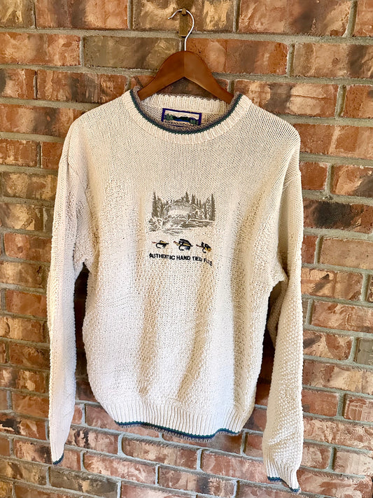 Vintage Shenandoah Sweater (L) Embroidered Hand Tied Flies Cream White