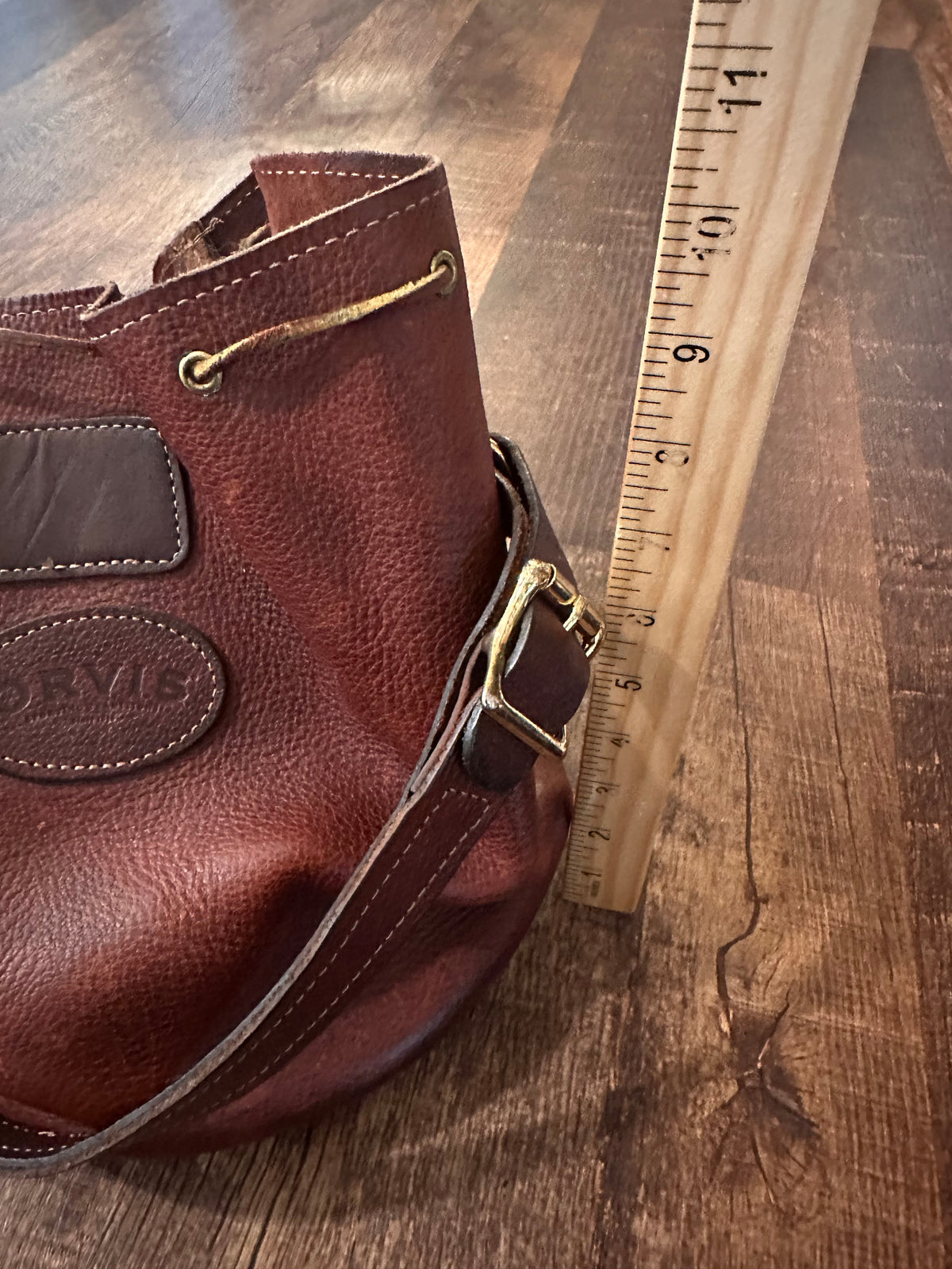 Vintage Brown Leather Bucket Bag with Gold Buckles & Accents