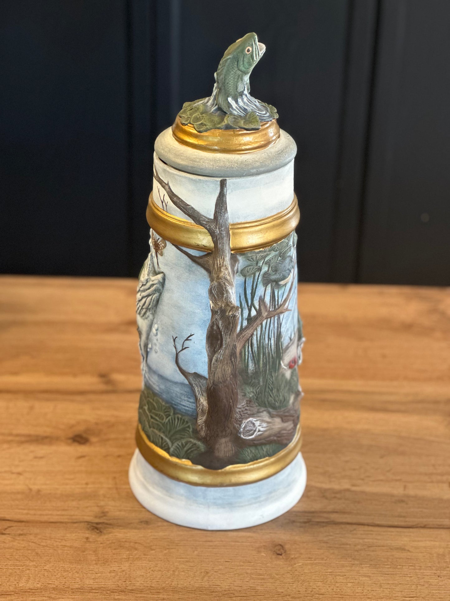 Vintage Large 3D Stein - Bass Fishing Scene with Removable Lid