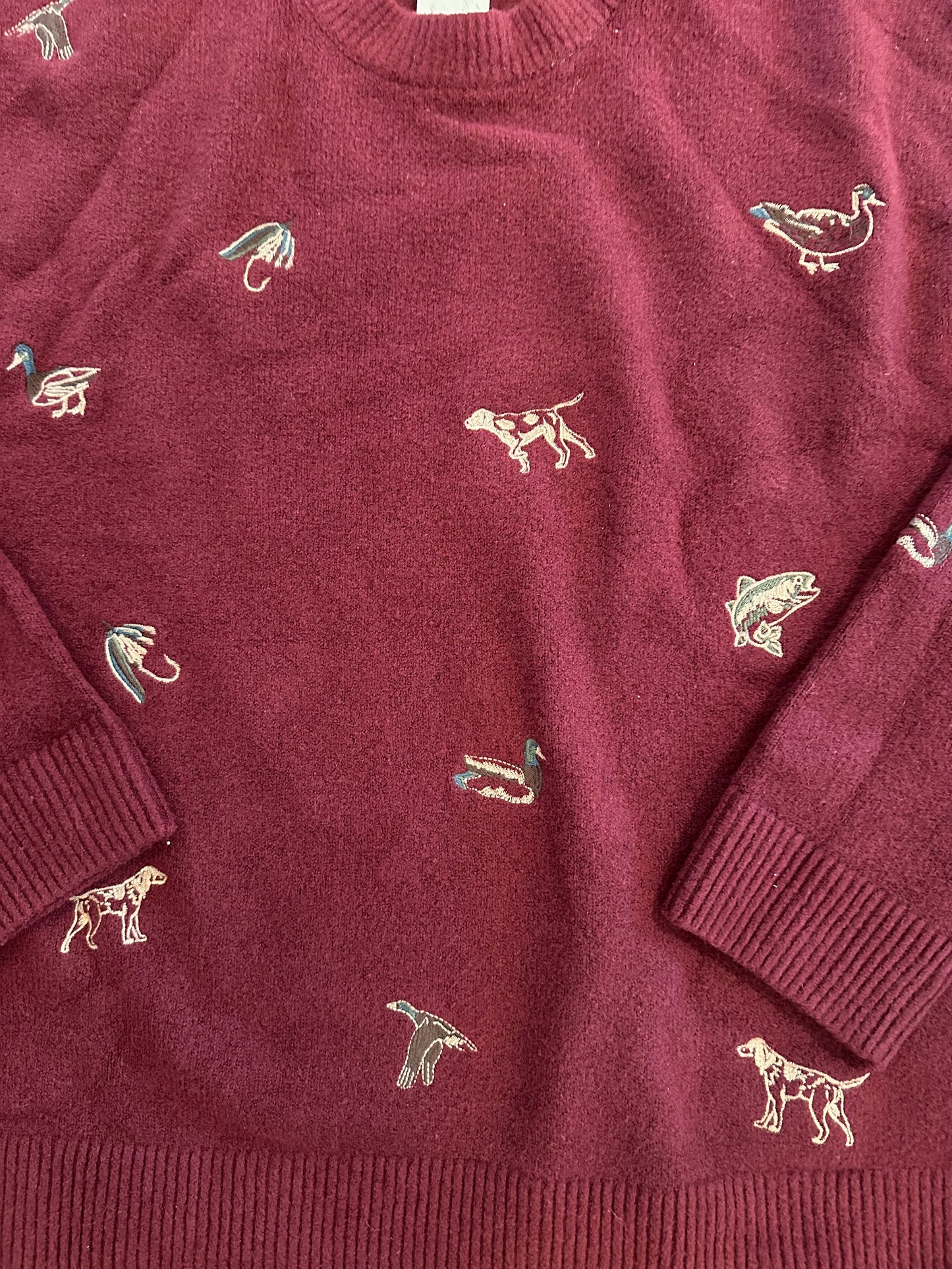 Thrifted Abercrombie & Fitch Sweater (XL) Embroidered Flies, Ducks, Dogs, Trout - NWT Maroon