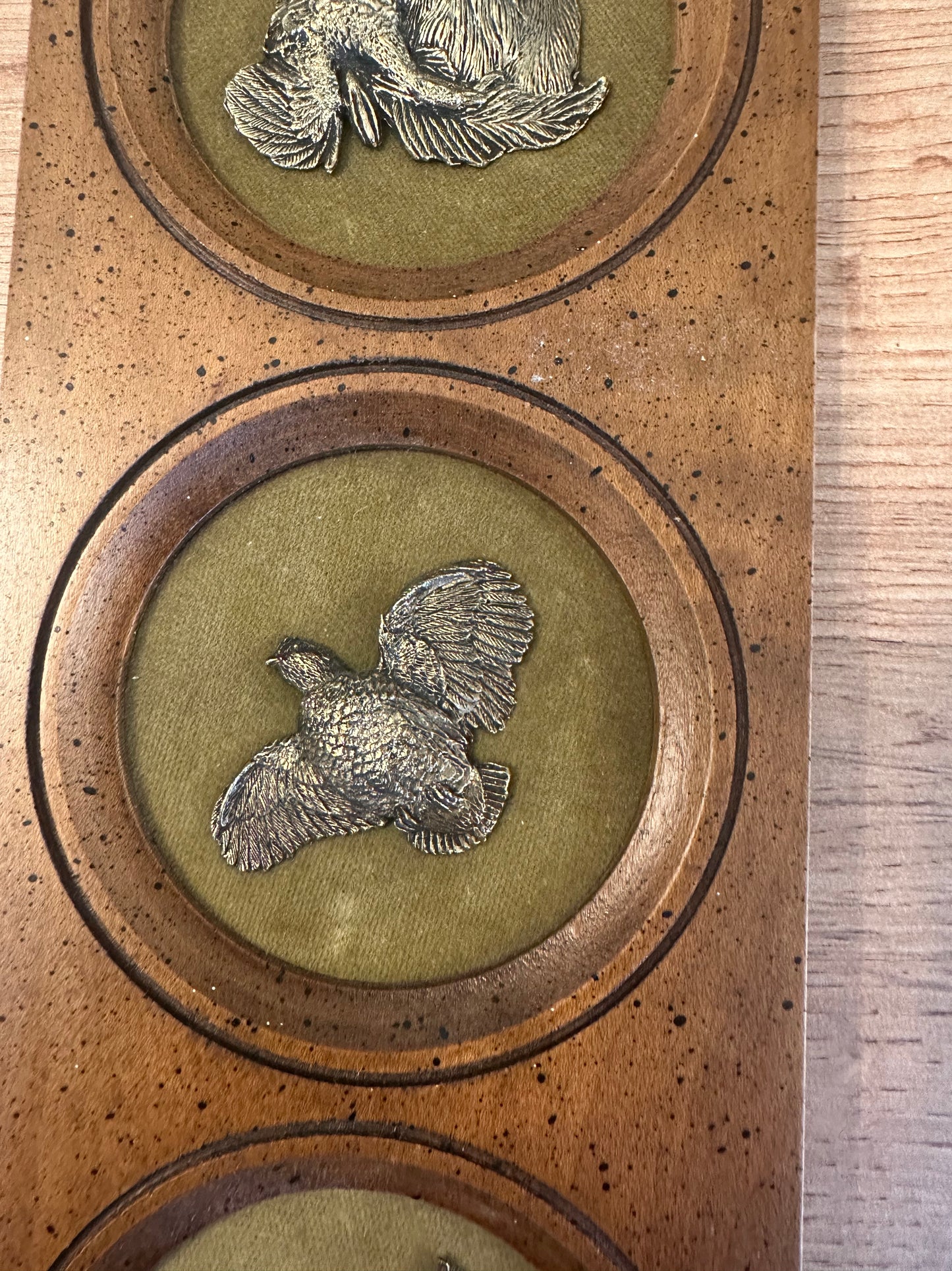 Vintage Wooden and Brass Wall Plaque Bird Hunting