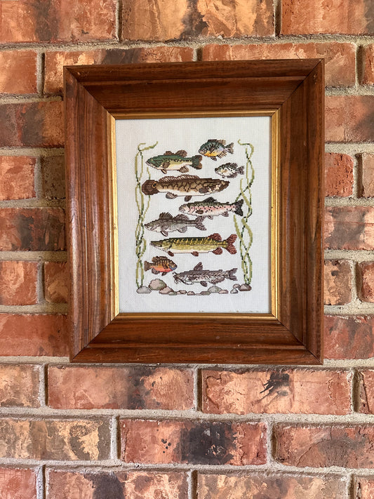 Vintage Framed Cross Stitch Freshwater Fish 12”x14” Gold Inner Frame on Wood